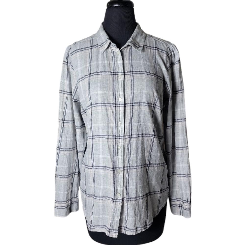 Loft plaid button down shirt women’s large cotton gray black pink long sleeve